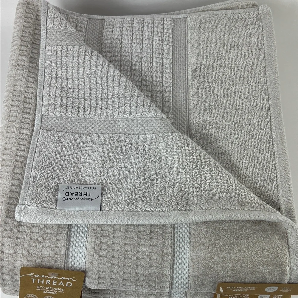 Common Thread Bamboo Bath Towels Velour Cotton Tan White Stripe Set of 2 NEW